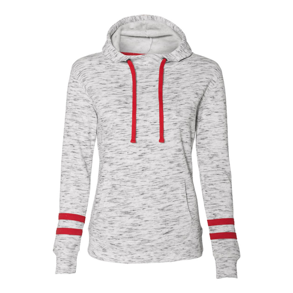 B2543  Ladies Mélange Fleece Striped-Sleeve Hooded Sweatshirt